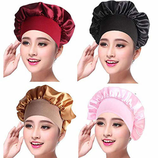 Picture of 4 Pieces Satin Sleep Cap Elastic Wide Band Hat Night Sleeping Head Cover