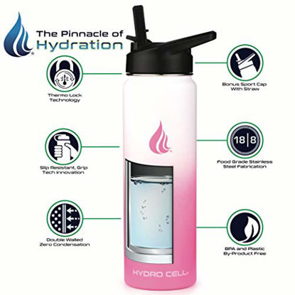 Picture of Hydro Cell Stainless Steel Water Bottle w/ Straw & Wide Mouth Lids (40oz 32oz 24oz 18oz) - Keeps Liquids Hot or Cold with Double Wall Vacuum Insulated Sweat Proof Sport Design (White/Pink 24 oz)