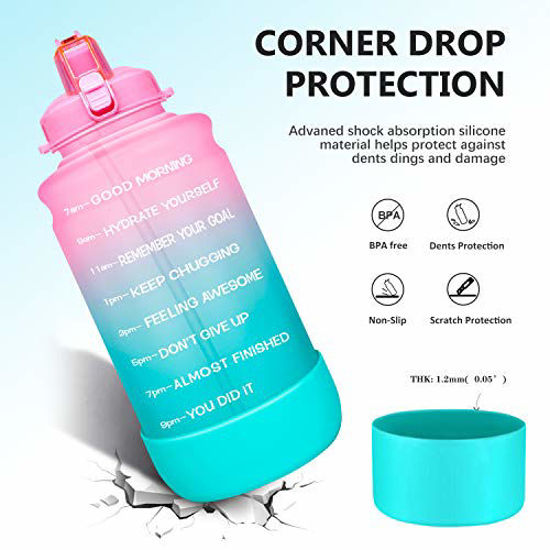 Picture of Elvira Large 1 Gallon/128 oz Motivational Time Marker Water Bottle with Straw & Protective Silicone Boot, BPA Free Anti-slip Leakproof for Fitness, Gym and Outdoor Sports-Light Pink/Green Gradient