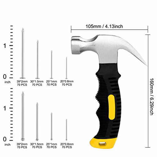 Picture of 560PCs Hardware Nail Assortment Kit & 8oz Samll Claw Hammer, Mini Hammer with Anti-Slip Handle, Anti-Corrosive Galvanized 280 Picture Hanging Nails & 280 Finishing Nails for Household and DIY