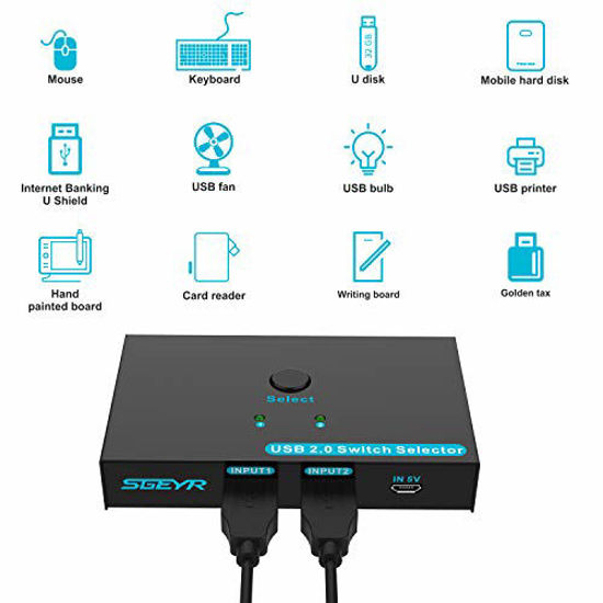 Picture of SGEYR Metal USB Switcher Selector 2 Computers Sharing 4 USB Devices USB 2.0 Peripheral Switcher Box 2 in 4 Out for Printer, Mouse, Scanner, PCs with One-Button Swapping and 2 Pack USB A to A Cable