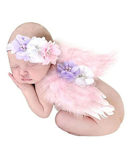 Picture of WZT 4 Sets Feather Angel Wings Rhinestone Headband Set Baby Chiffon Flower Headband Hair Accessories Newborn Photo Prop Costume