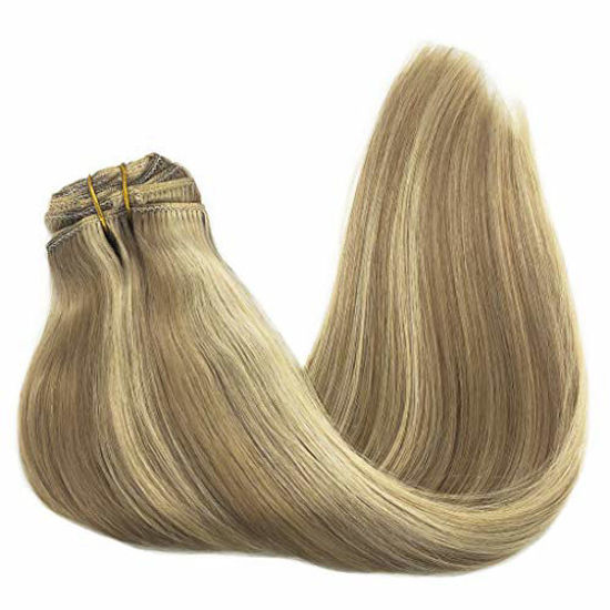 Picture of GOO GOO 20 inch Human Hair Extensions Clip in Highlighted Blonde Light Blonde Mixed Golden Blonde Hair Extensions Clip in Remy Thick Hair Real Straight Natural Hair Extensions 7pcs 120g