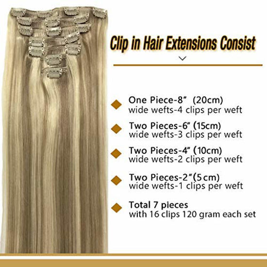 Picture of GOO GOO Clip in Hair Extensions Ombre Light Blonde Highlighted Golden Blonde Remy Human Hair Extensions Clip on Straight 18 inch Real Natural Hair Extensions 120g 7pcs