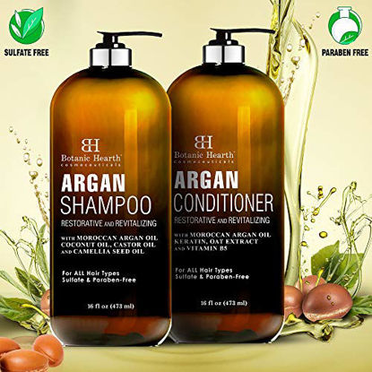 Picture of BOTANIC HEARTH Argan Oil Shampoo and Conditioner Set - with Keratin, Restorative & Moisturizing, Sulfate Free - All Hair Types & Color Treated Hair, Men and Women - (Packaging May Vary) -16 fl oz each