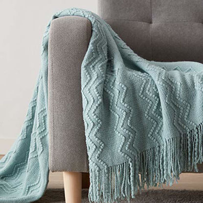 Picture of Bourina Textured Solid Soft Sofa Throw Couch Cover Knitted Decorative Blanket,Aqua 50"x60"