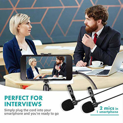 Picture of Movo Professional Lavalier Lapel Clip-on Interview Podcast Microphone with Secondary Mic and Headphone Monitoring Input for iPhone, iPad, Samsung, Android Smartphones, Tablets - Podcast Equipment
