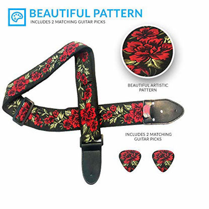 Picture of Guitar Strap Cotton Rose Flower W/FREE BONUS- 2 Picks + Strap Locks + Strap Button. For Bass, Electric & Acoustic Guitars Stocking Stuffer. an Awesome Christmas Gift for Men & Women Guitarists