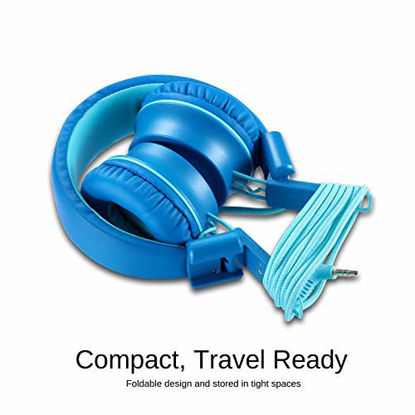 Picture of iRAG J01 Kids Headphones Foldable Stereo Tangle-Free 5ft Long Cord 3.5mm Jack Plug in Wired On-Ear Headset for iPad/Amazon Kindle,Fire/Toddler/Boys/Girls/School/Laptop/Travel/Plane/Tablet(Ocean Blue)