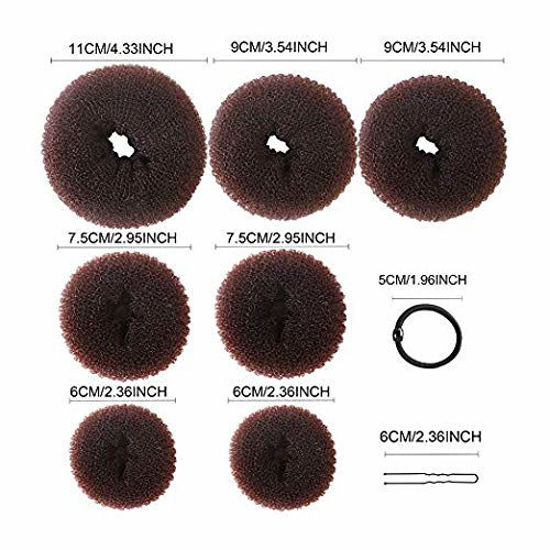 Picture of Donut Hair Bun Maker 7 Pieces, Teenitor Ring Style Bun Maker Set with Hair Bun Makers (1 extra-large, 2 large, 2 medium and 2 small), 5 pieces Hair Elastic Bands, 20 pieces Hair Pins, Dark Brown