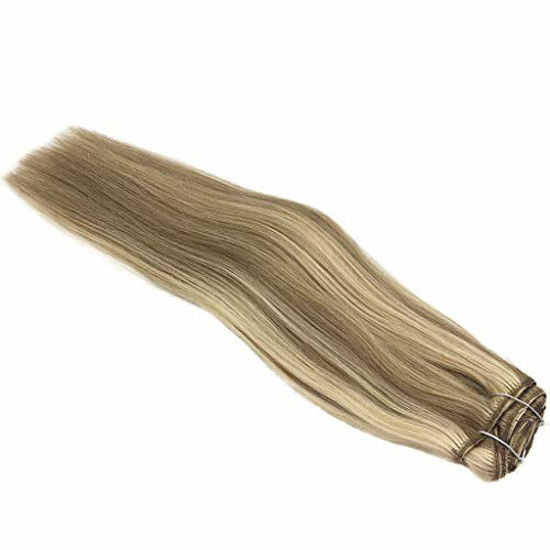 Picture of GOO GOO Clip in Hair Extensions Ombre Light Blonde Highlighted Golden Blonde 14 inch 7pcs 120g Remy Clip in Human Hair Extensions Thick Straight Real Hair Extensions