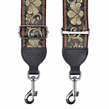 Picture of CLOUDMUSIC Banjo Strap Guitar Strap For Handbag Purse Jacquard Metallic Thread Pattern With Leather Ends And Metal Clips(Vintage Glittering Petal)