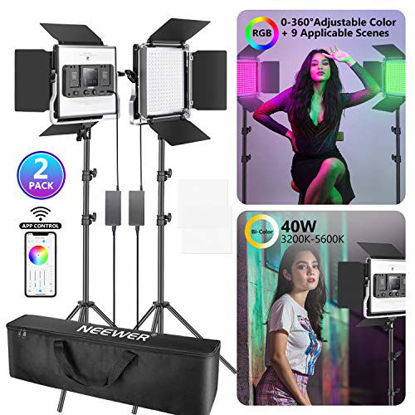 Picture of Neewer 660 RGB LED Video Light with App Control, Photography Video Lighting Kit with Stands and Bag, 2-Pack Dimmable Led Panel Light with CRI95/3200K-5600K/0-360° Full Color/9 Applicable Scenes