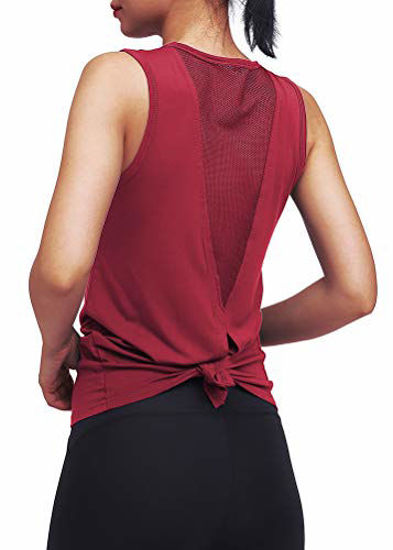 Picture of Mippo Summer Workout Tops for Women Summer Open Back Yoga Shirts Cute Fitness Workout Tank Stretchy Sports Gym Winter Clothes Tie Back Running Racerback Tank Tops with Mesh Wine Red XS