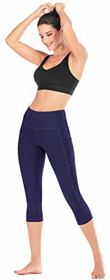 IUGA High Waist Yoga Pants with Pockets, Tummy Control Yoga Capris for  Women, 4 Way Stretch Capri Leggings with Pockets(Navy Blue, L)