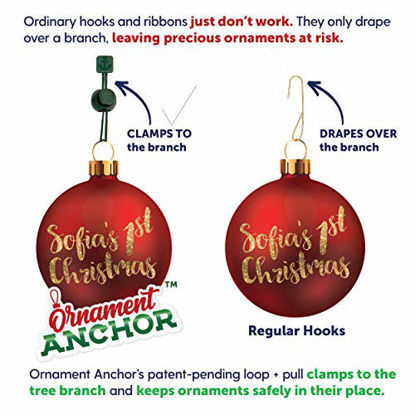 Picture of ORNAMENT ANCHOR Christmas Ornament Hooks | No-Slip Ornament Hangers for Xmas | No More Broken Ornaments | Kid & Pet Safe | Heavy Duty & Strong | for Small or Large Ornaments (Green, 36 Count)