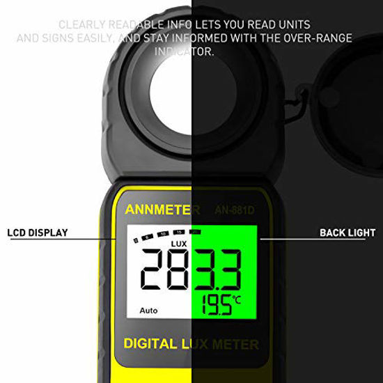 Picture of ANNMETER Digital Illuminance Meter, AN-881D Handheld Light Calibrator, 0.1~400,000 Lux Meter, Lumen Tester with 270° Rotatable Detector for Outdoor, Photography, Planting