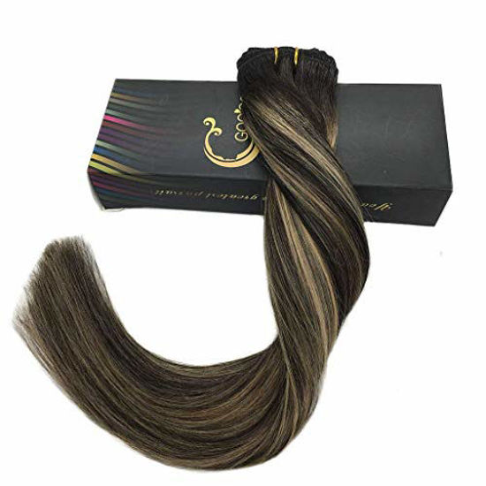 Picture of GOO GOO Human Hair Extensions Clip in Balayage Natural Black to Light Blonde Remy Hair Extensions Clip in Natural Hair Extensions Silky Straight Real Hair 16 inch 7pcs 120g