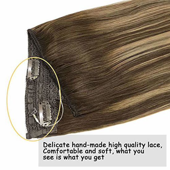 Picture of GOO GOO Hair Extensions 16 Inch Halo Hair Extensions Chocolate Brown to Honey Blonde 80g Hairpiece Ombre Flip Hair Extensions Invisible Hidden Crown Wire Hair Extensions with Transparent Fish Line