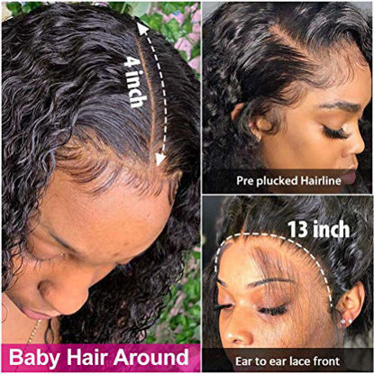 Picture of Pizazz Human Hair Lace Front Wigs for Black Women 150% Density Brazilian Deep Wave Lace Front Wig with Baby Hair Pre Plucked Bleached Knots(14'')