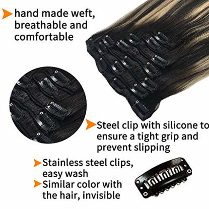 Picture of GOO GOO Remy Human Hair Extensions Clip in Balayage Natural Black to Light Blonde 14 inch 7pcs 120g Real Hair Extensions Clip in Natural Hair Extensions Silky Straight