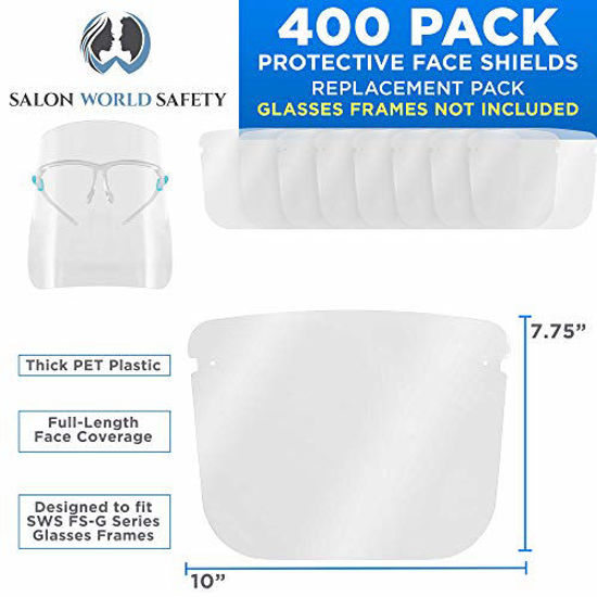 Picture of TCP Global Salon World Safety Replacement Face Shields Only (40 Packs of 10), Glasses Frames Not Included - Fits Most Brands, Ultra Clear, Full Face, Protect Eyes Nose Mouth, Anti-Fog PET Plastic