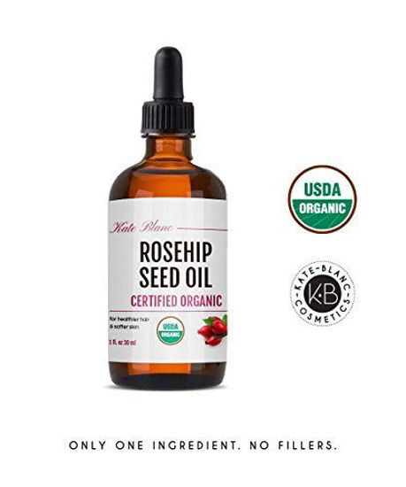 Picture of Rosehip Seed Oil by Kate Blanc. USDA Certified Organic, 100% Pure, Cold Pressed, Unrefined. Reduce Acne Scars. Essential Oil for Face, Nails, Hair, Skin. Therapeutic AAA+ Grade. (1 fl oz)