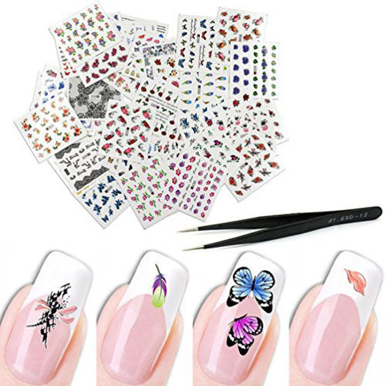 Picture of KINGMAS 50 Sheets Nail Art Stickers Water Transfer DIY Nail Decals Butterfly, Flowers, Feathers etc Colorful Transfer Watermark Nail Stickers for Nails Design Manicure Tips Decor