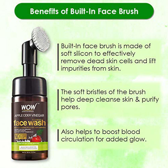 Picture of WOW Apple Cider Vinegar Exfoliating Face Wash W/Brush - Soft, Silicones Bristles - Foaming Cleanser For All Skin Type - Hydrate For Smooth Skin, Helps Remove Blackheads & Reduce Acne Breakout - 100ml