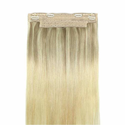 Picture of GOO GOO Hair Extensions Halo Hair Ombre Ash Blonde to Golden Blonde Mixed Platinum Blonde 12 Inch 70g Hairpiece Remy Human Hair Extensions Hidden Crown Wire Hair Extensions with Fish Line