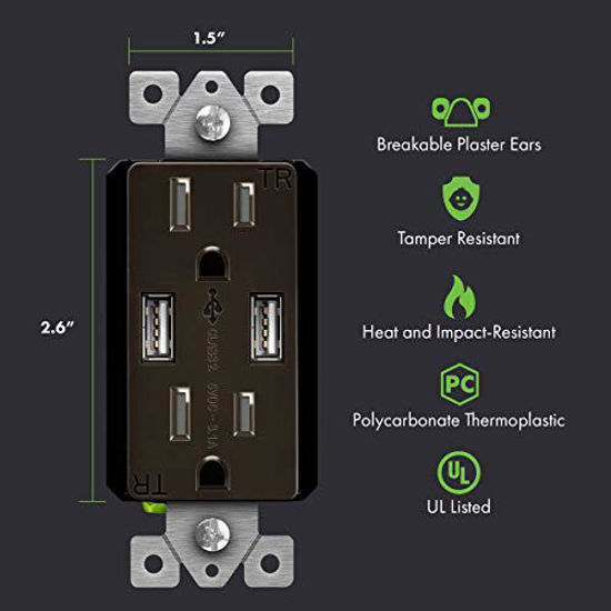 Picture of TOPGREENER 3.1A USB Wall Outlet Charger, 15A Tamper-Resistant Receptacles, Compatible with iPhone SE/11/XS/XR/X/8, Samsung Galaxy S20/S10/S9/Note, LG, HTC & More, TU2153A-BR-2PCS, Brown, 2 Pack