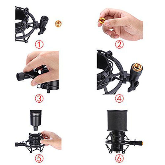 Picture of Microphone Shock Mount with Pop Filter, Mic Anti-Vibration Suspension Shock Mount Holder Clip for Diameter 46mm-53mm Microphone