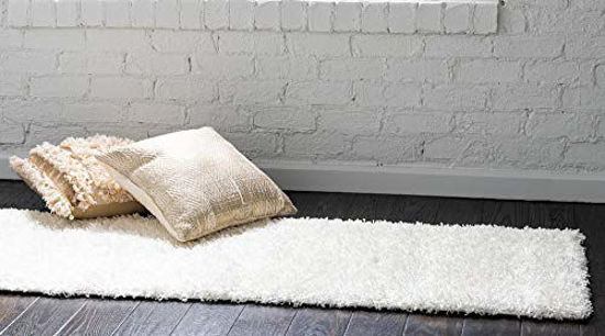 Picture of Unique Loom Solo Solid Shag Collection Modern Plush Snow White/Cream Runner Rug (2' 6 x 19' 8)