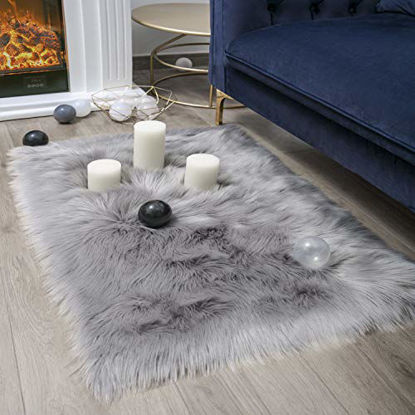 Picture of Ashler Ultra Soft Fluffy Area Rug Faux Fur Sheepskin Carpet Chair Couch Cover for Bedroom Floor Sofa Living Room, Grey Rectangle 2 x 3 Feet