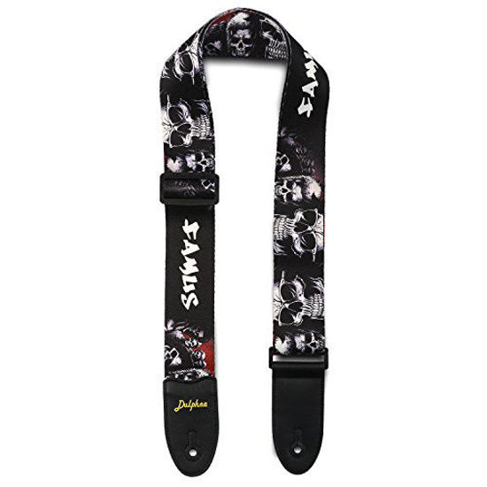 Picture of Dulphee Guitar Strap Skull Design Cool Polyester Shoulder Strap for Bass, Electric & Acoustic Guitar (Black Skull)