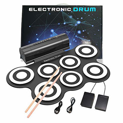 Picture of Electronic Drum Set, Roll Up Drum Practice Pad Midi Drum Kit with Headphone Jack Built-in Speaker Drum Pedals Drum Sticks 10 Hours Playtime, Great Holiday Birthday Gift for Kids (White)