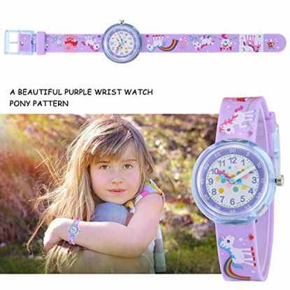 Picture of Jewtme Cute Toddler Children Kids Watches Ages 3-8 Analog Time Teacher 3D Silicone Band Cartoon Watch for Little Girls Boys Unicorn Purple