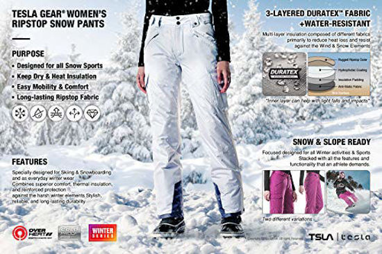  Womens Winter Snow Pants, Waterproof Insulated Ski Pants,  Ripstop Snowboard Bottoms, Cargo Snow Pants White, Medium