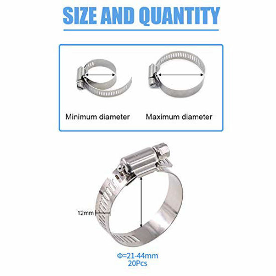 Picture of Glarks 20Pcs 304 Stainless Steel Adjustable 21-44MM Range Worm Gear Hose Clamps Assortment Kit, Fuel Line Clamp for Water Pipe, Plumbing, Automotive and Mechanical Application (21-44MM)