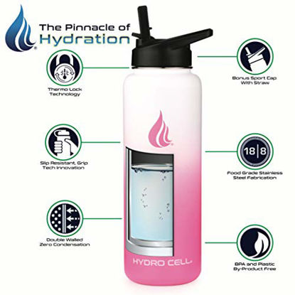 Picture of Hydro Cell Stainless Steel Water Bottle w/ Straw & Wide Mouth Lids (40oz 32oz 24oz 18oz) - Keeps Liquids Hot or Cold with Double Wall Vacuum Insulated Sweat Proof Sport Design (White/Pink 40 oz)
