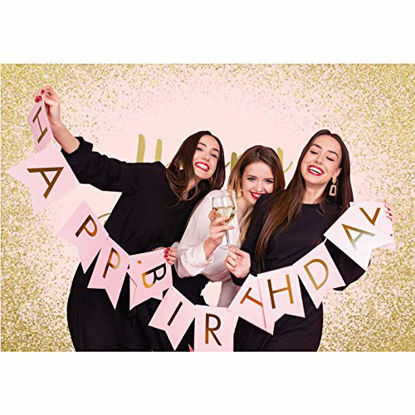 Picture of Allenjoy 7x5ft Pink and Rose Gold Happy Birthday Backdrop for Women Girls Bday Party Decoration Glitter Sweet 16th Banner Cake Table Supplies Photography Background Photo Booth Props