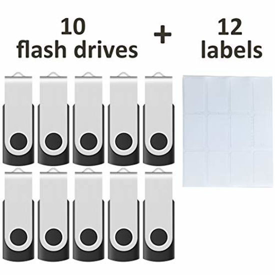 Picture of Enfain 16GB USB 2.0 Flash Memory Stick Drive Swivel Thumb Drives Bulk 10 Pack, with LED Indicator, 12 x Removable White Labels ( Black )