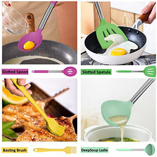 Picture of Umite Chef Kitchen Utensils Set, 15 pcs Silicone Cooking Kitchen Utensils Set, Heat Resistant Non-stick BPA-Free Silicone Stainless Steel Handle Turner Spatula Spoon Tongs Whisk Cookware - Colorful