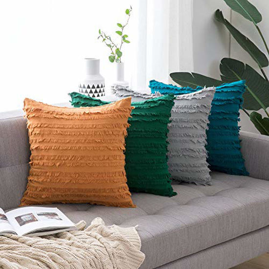 Picture of MIULEE Set of 2 Fall Decorative Boho Throw Pillow Covers Cotton Linen Striped Jacquard Pattern Cushion Covers for Sofa Couch Living Room Bedroom 20x20 Inch Orange