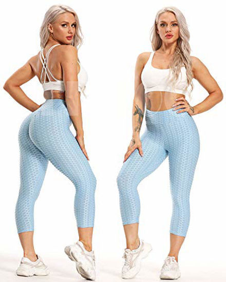 FITTOO Women's High Waist Yoga Pants Tummy Control Scrunched Booty Capri  Leggings Workout Running Butt Lift Textured Tights Blue Crystal X-Large