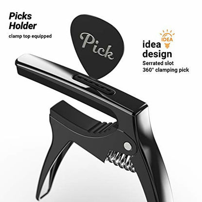 Picture of TANMUS 3in1 Guitar Capo for Acoustic and Electric Guitars(with Pick Holder and 4Picks),Ukulele,Guitar Accessories(Metallic Silver)