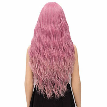 Picture of netgo Pink Ombre Wig for Women Long Wavy Heat Resistant Fiber Wigs Side Bangs Cosplay Party