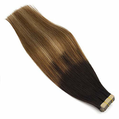 Picture of GOO GOO Balayage Hair Extensions Tape in Dark Brown to Chestnut Brown and Dirty Blonde Seamless Tape in Human Hair Extensions 18 inch 50g 20pcs