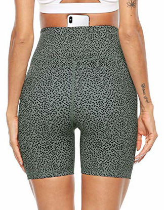 Picture of Persit Yoga Shorts for Women Spandex High Wasited Running Athletic Bike Workout Leggings Tight Fitness Gym Shorts with Pockets - Bean Green Leopard - L