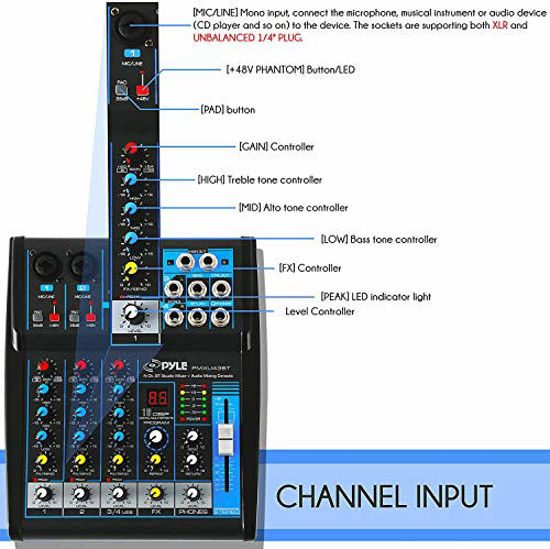 Picture of Pyle Professional Audio Mixer Sound Board Console System Interface 4 Channel Digital USB Bluetooth MP3 Computer Input 48V Phantom Power Stereo DJ Studio Streaming FX 16-Bit DSP Processor - PMXU43BT.5